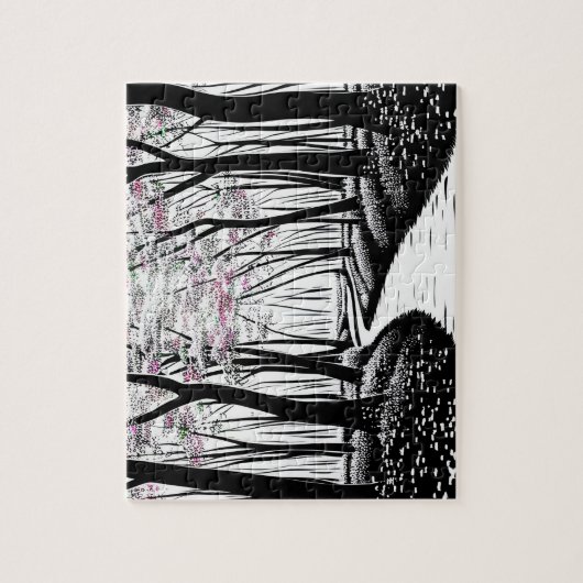 Schwarz-Weiß-Silhouette-Wald mit Lila Blätter Puzzle (Vertikal)