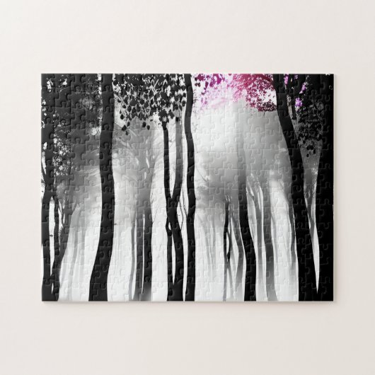 Schwarz-Weiß-Silhouette Wald und Tiny Lila Puzzle (Horizontal)