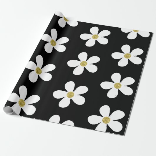 Schwarz-weiß Simple Daisy Gold Geschenkpapier (Ungerollt)