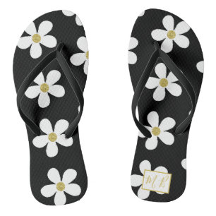 Schwarz-weiß Simple Daisy Gold Monogram Badesandalen