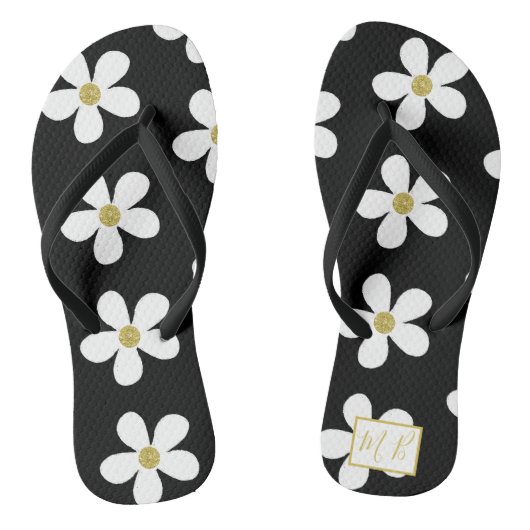 Schwarz-weiß Simple Daisy Gold Monogram Badesandalen (Fußbett)