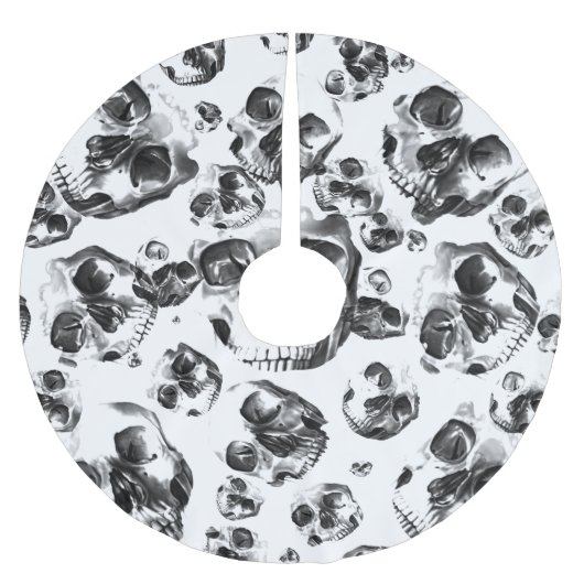 Schwarz-Weiß-Skelett Skelett Skull Art Muster Polyester Weihnachtsbaumdecke (Vorderseite)