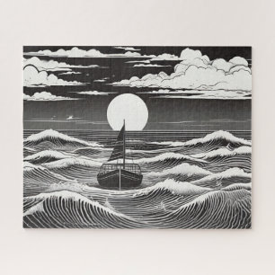 Schwarz-Weiß-Sketch einsames Boot auf See Puzzle