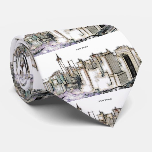 Schwarz-Weiß-Skyline New York City Zeichnend Krawatte (Gerollt)