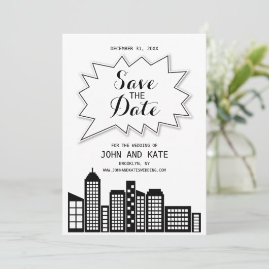 Schwarz-Weiß-Skyline Save the Date Einladung (Stehend Vorderseite)