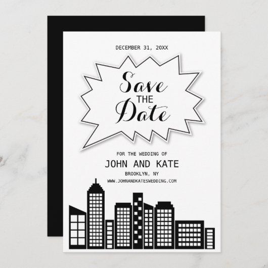 Schwarz-Weiß-Skyline Save the Date Einladung (Vorne/Hinten)