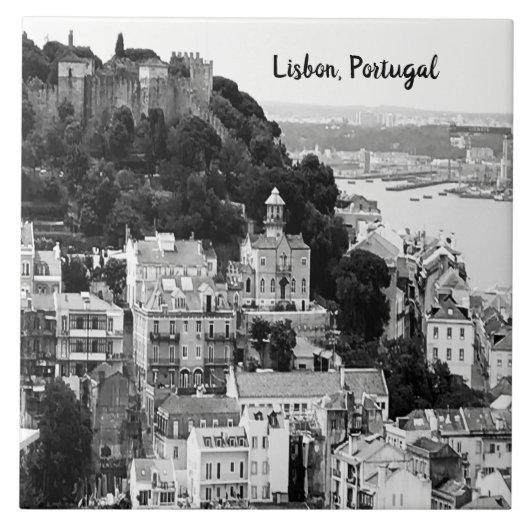 Schwarz-Weiß-Skyline von Lissabon Portugal Fliese (Vorderseite)