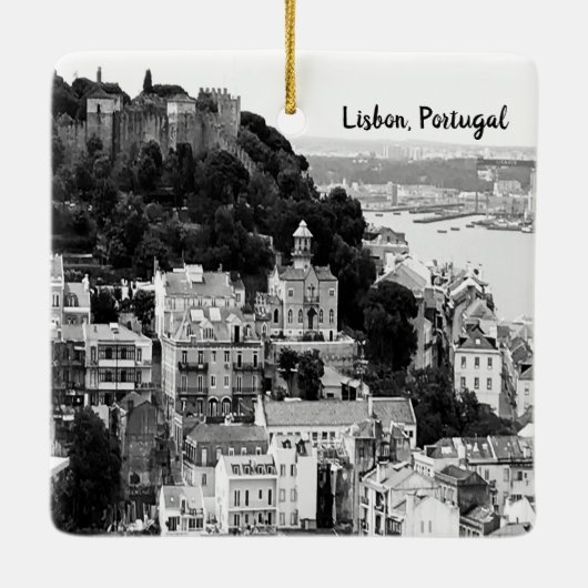 Schwarz-Weiß-Skyline von Lissabon Portugal Keramikornament (Rückseite)