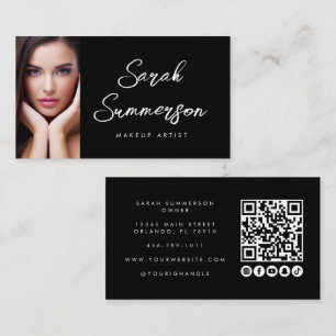 Schwarz-Weiß Social Media QR Foto Make-up Visitenkarte