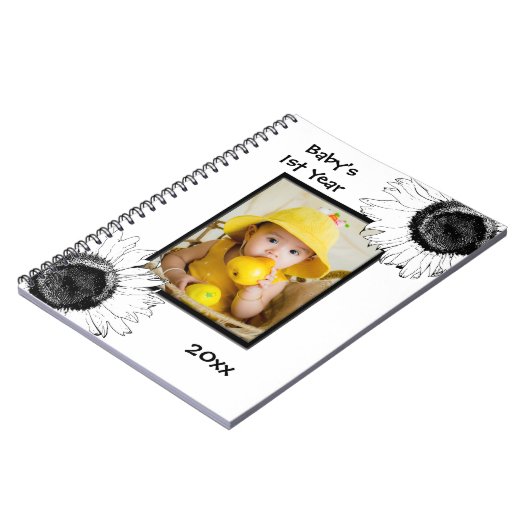 Schwarz-Weiß-Sonnenblumen Baby's First Year Notizblock (Linke Seite)