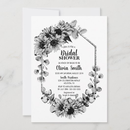Schwarz-Weiß-Sonnenblumen-Brautparty Einladung (Vorderseite)