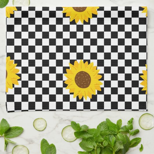 Schwarz-Weiß-Sonnenblumen Gestell der karierten Bl Geschirrtuch (Gefaltet)