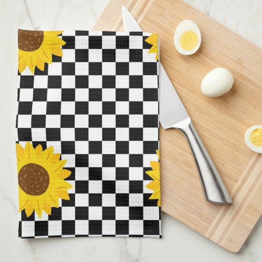 Schwarz-Weiß-Sonnenblumen Gestell der karierten Bl Geschirrtuch (Viertel Falte)