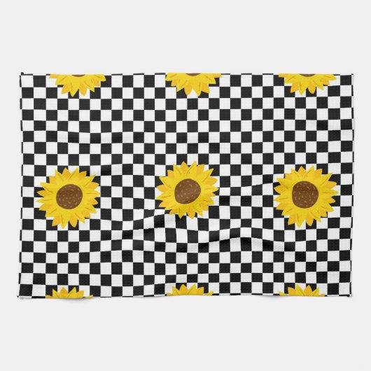 Schwarz-Weiß-Sonnenblumen Gestell der karierten Bl Geschirrtuch (Horizontal)