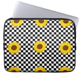 Schwarz-Weiß-Sonnenblumen Gestell der karierten Bl Laptopschutzhülle