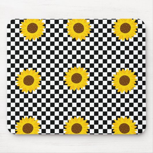 Schwarz-Weiß-Sonnenblumen Gestell der karierten Bl Mousepad (Vorne)