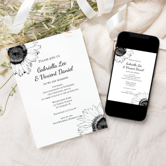 Schwarz-Weiß-Sonnenblumen-Hochzeit Einladung