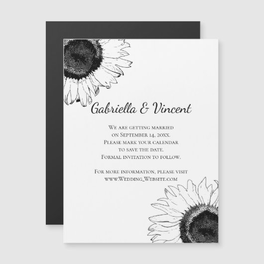 Schwarz-Weiß-Sonnenblumen Hochzeit retten das Datu Magneteinladung (Vorne/Hinten)