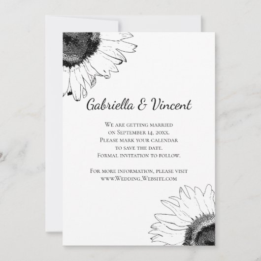 Schwarz-Weiß-Sonnenblumen Hochzeit retten das Datu Save The Date (Vorderseite)