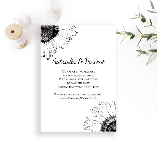Schwarz-Weiß-Sonnenblumen Hochzeit retten das Datu Save The Date