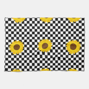 Schwarz-Weiß-Sonnenblumen-Karo-Blumenmuster Geschirrtuch