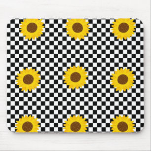 Schwarz-Weiß-Sonnenblumen-Karo-Blumenmuster Mousepad