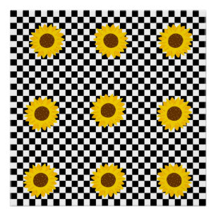Schwarz-Weiß-Sonnenblumen-Karo-Blumenmuster Poster