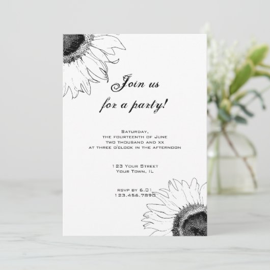 Schwarz-Weiß-Sonnenblumen-Party Einladung (Stehend Vorderseite)