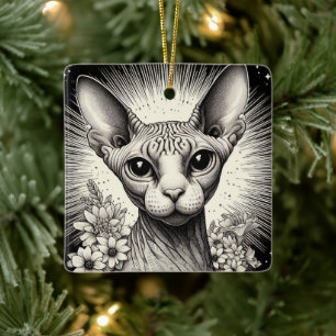 Schwarz & Weiß Sphinx mit floraler Eleganz Keramikornament