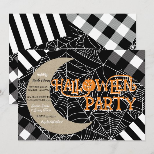 Schwarz-Weiß-Spiderweb-Patchwork-Halloween-Party Einladung (Vorne/Hinten)