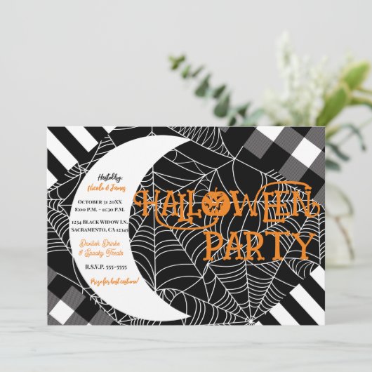 Schwarz-Weiß-Spiderweb-Patchwork-Halloween-Party Einladung (Stehend Vorderseite)