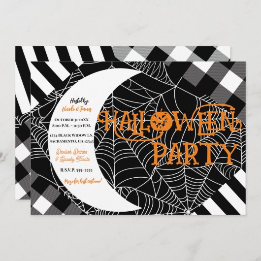 Schwarz-Weiß-Spiderweb-Patchwork-Halloween-Party Einladung (Vorne/Hinten)