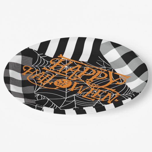Schwarz-Weiß-Spiderweb-Patchwork-Halloween-Party Pappteller (Schrägansicht)