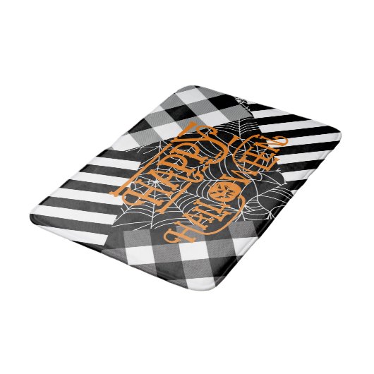 Schwarz-Weiß-Spinnennetz-Patchwork Halloween Badematte (Schrägansicht)