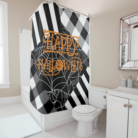 Schwarz-Weiß-Spinnennetz-Patchwork Halloween Duschvorhang (Beispiel)