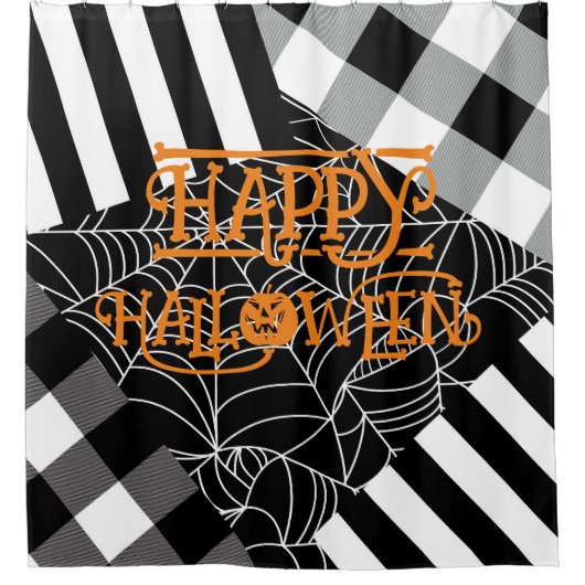 Schwarz-Weiß-Spinnennetz-Patchwork Halloween Duschvorhang (Vorderseite)