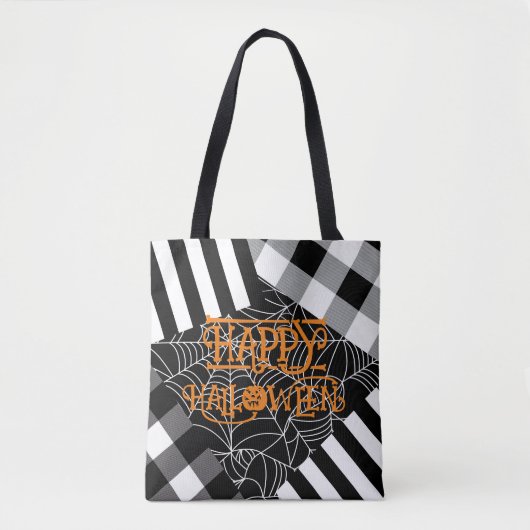 Schwarz-Weiß-Spinnennetz-Patchwork Halloween Tasche (Vorderseite)