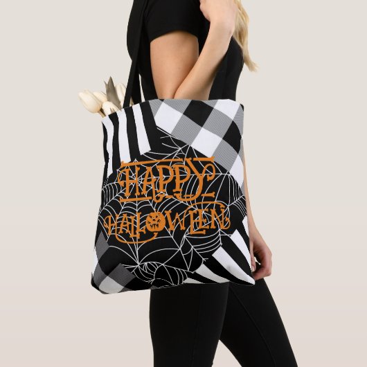 Schwarz-Weiß-Spinnennetz-Patchwork Halloween Tasche (Von Nahem)