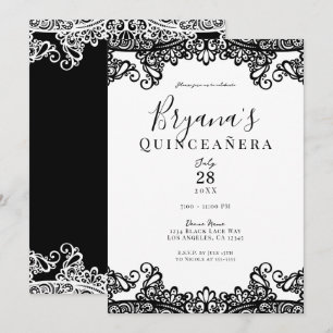 Schwarz-Weiß Spitze Elegante Quinceañera-Party Einladung