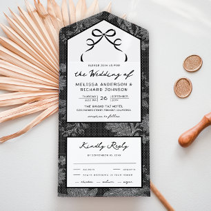 Schwarz-Weiß Spitze Kokette Schleife Hochzeit All In One Einladung