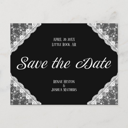 Schwarz-Weiß-Spitze Save the Date Postkarte (Vorderseite)