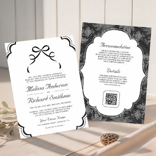 Schwarz-Weiß-Spitzen-Coquette-Bow QR-Code-Hochzeit Einladung