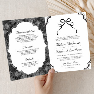 Schwarz-Weiß-Spitzen-Coquette-Bow QR-Code-Hochzeit Einladung