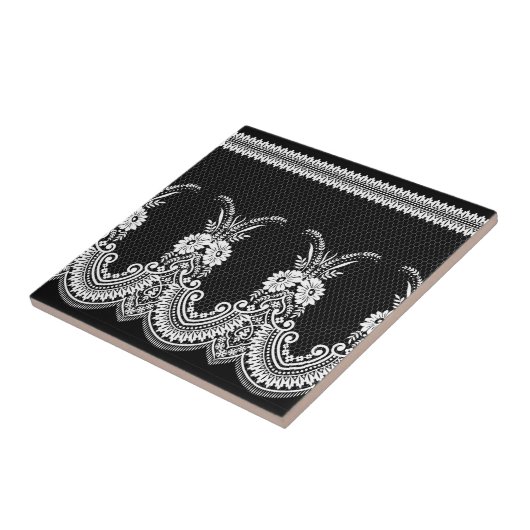 Schwarz-Weiß-Spitzen-Ornamente 1 Fliese (Seite)