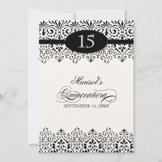 Schwarz-Weiß-Spitzen Silver 15. Quinceanera Einladung (Vorderseite)