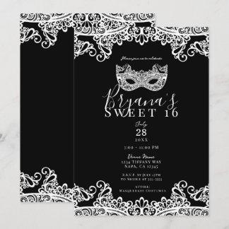 Schwarz & Weiß Spitzenmasquerade Sweet 16 Party Einladung