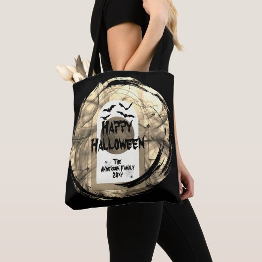Schwarz-Weiß Spoky Bats Moon Happy Halloween Tasche (Von Nahem)