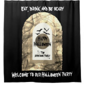 Schwarz-Weiß Spooky Bats Spider Happy Halloween Duschvorhang (Vorderseite)