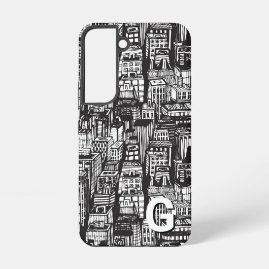 Schwarz-Weiß-Stadt, Wolkenkratzer, Monogramm Samsung Galaxy Hülle (Rückseite)