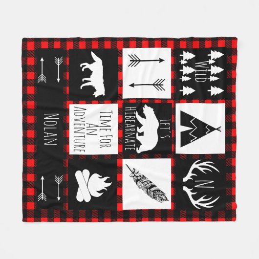 Schwarz-Weiß-Stamm Wild-Woodlands Rot Kariert Fleecedecke (Vorderseite (Horizontal))